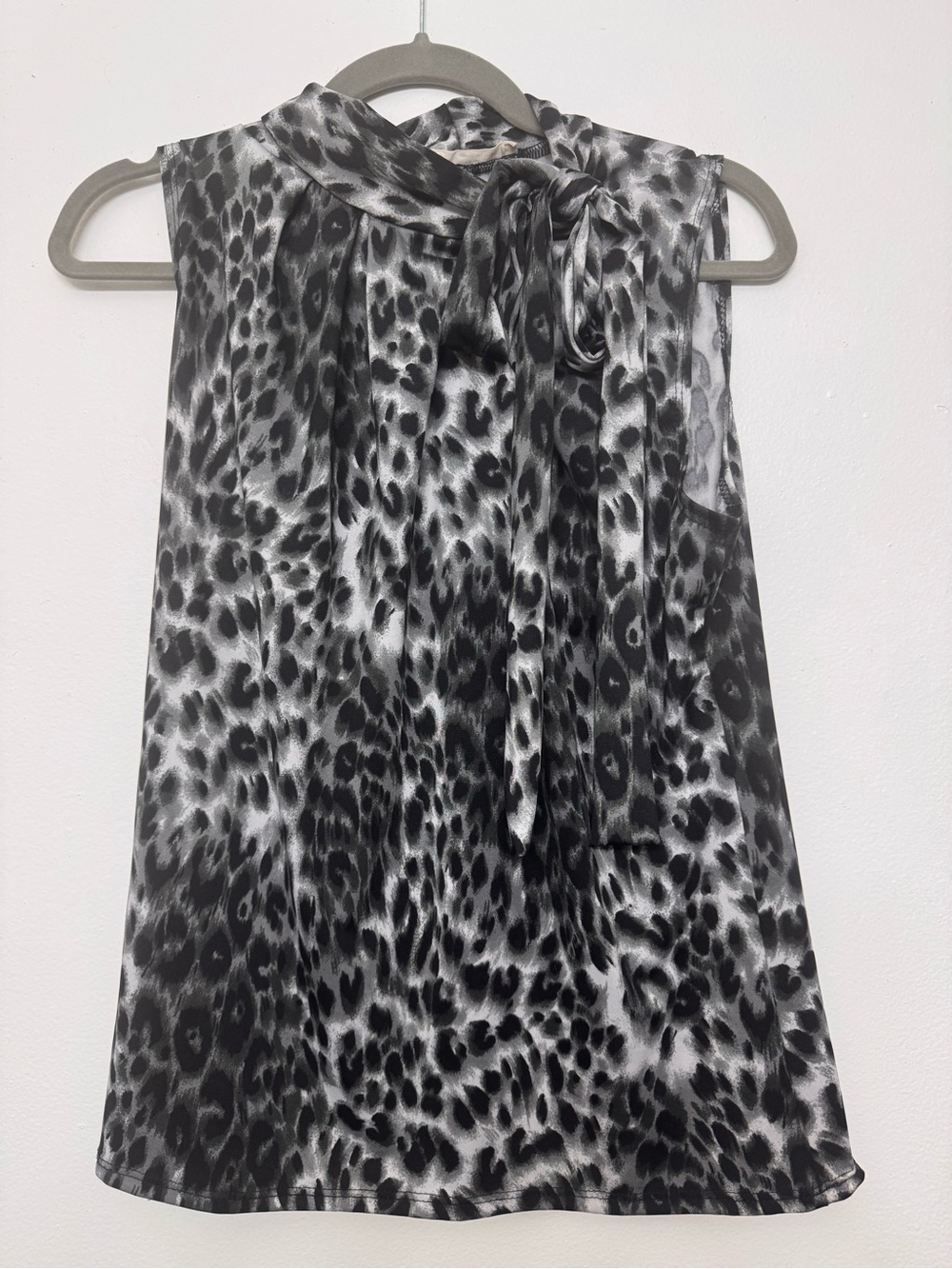 Sleeveless Black & White Leopard Tie-Neck Blouse